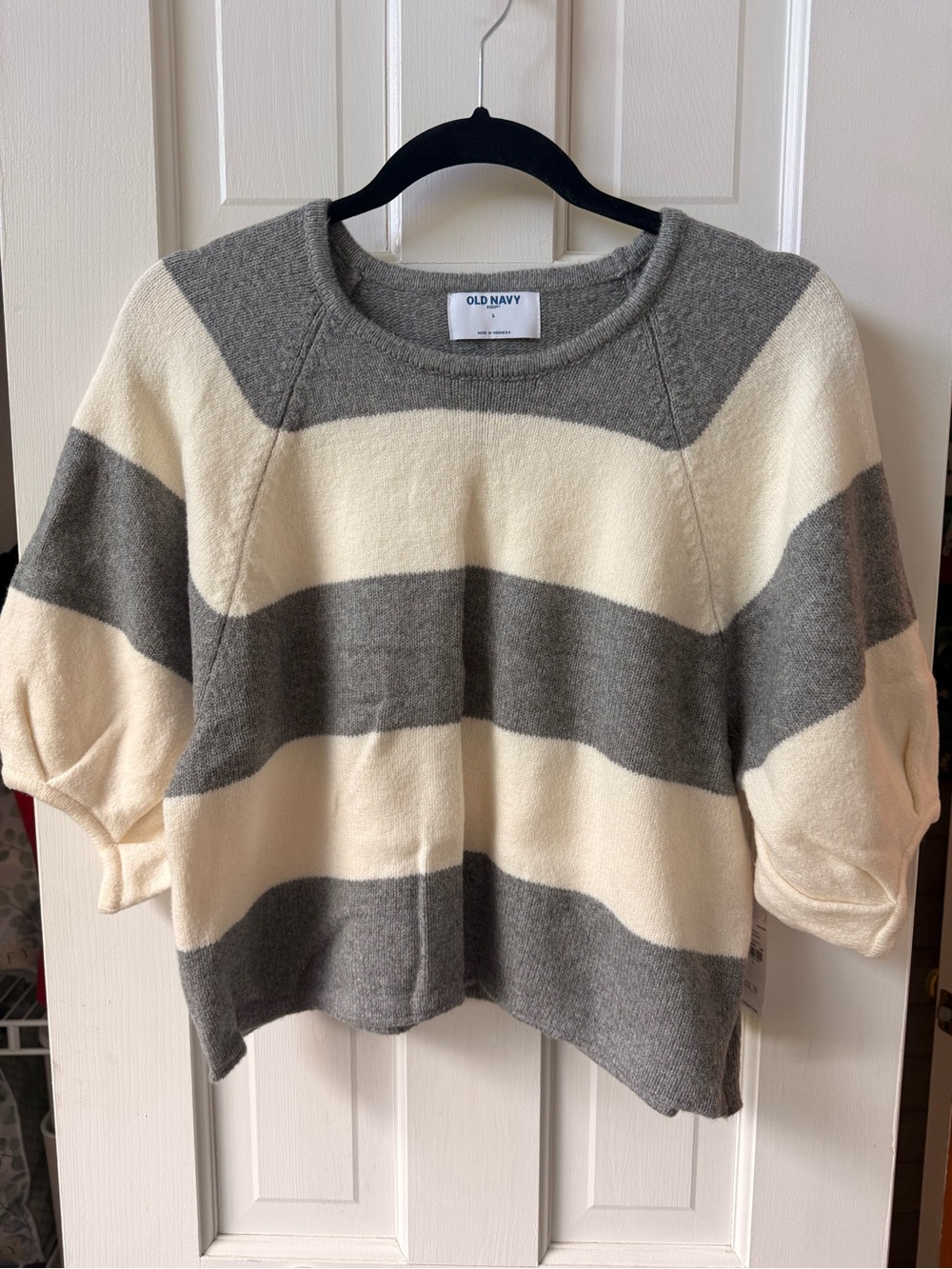 Old Navy Gray and Cream Wide-Stripe Crewneck Sweater